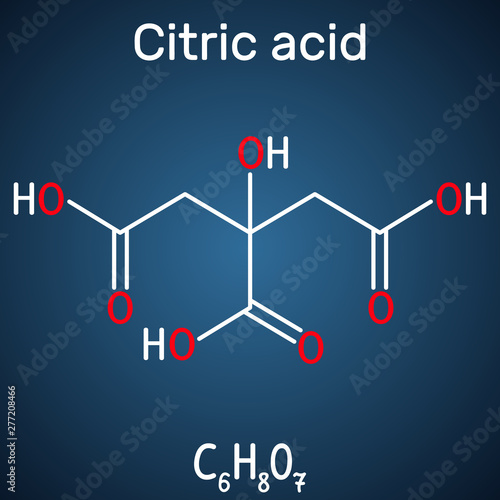 Citric acid molecule, is found in citrus fruits, lemons and limes. Is used as additive in food, cleaning agents, nutritional supplements.