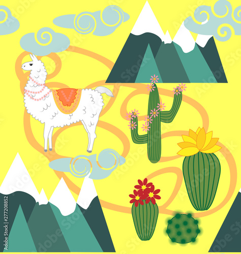 Illustration of seamless pattern with cute cartoon llama alpaca with cactus and design elements on pink background in flat cartoon style.