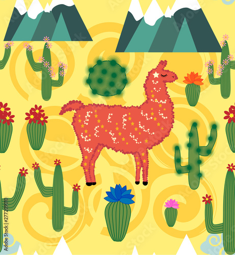 Illustration of seamless pattern with cute cartoon llama alpaca with cactus and design elements on pink background in flat cartoon style.