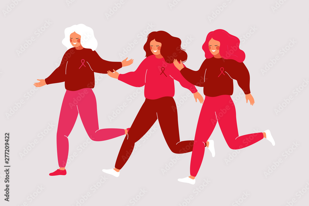 Cartoon young women running in a pink dress with ribbons. Charity race runs and fitness walks raises awareness for the breast cancer movement