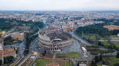 Aerial view of the Colosseum in the ancient city of Rome, Italy. Drone photography. © Serega777