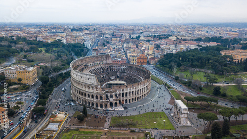 Aerial view of the Colosseum in the ancient city of Rome, Italy. Drone photography.