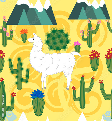 Illustration of seamless pattern with cute cartoon llama alpaca with cactus and design elements on pink background in flat cartoon style.