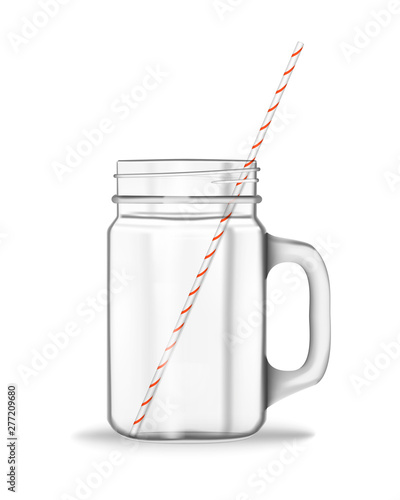 Empty glass mason jar with handle and drinking straw isolated on white background, realistic vector illustration