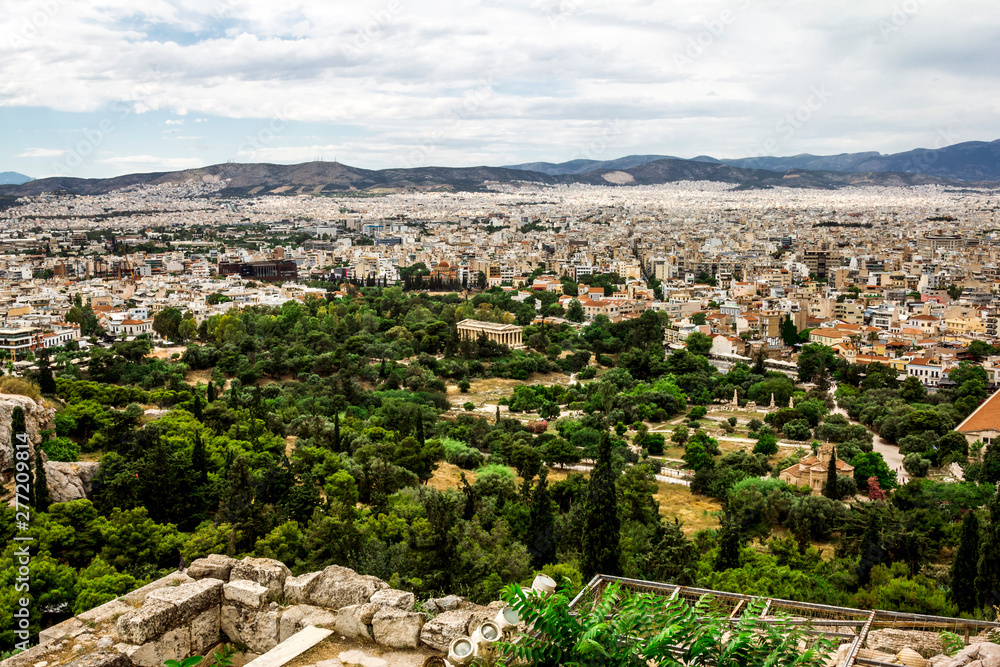 High view of the Temple of Hephaestus and the houses and roofs of Athens