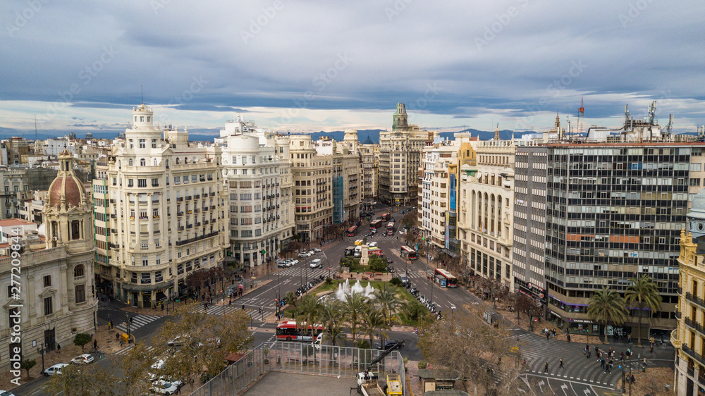 Aerial Panoramic View Of Valencia City In Spain. Beautiful historic city with beautiful  architecture