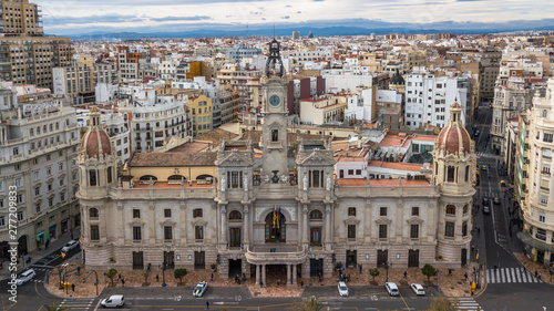 Aerial Panoramic View Of Valencia City In Spain. Beautiful historic city with beautiful architecture