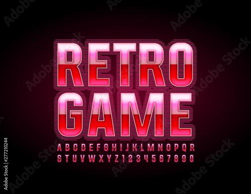 Vector pink glowing logo Retro Game. Uppercase Shiny Font. Bright techno Alphabet Letter and Numbers