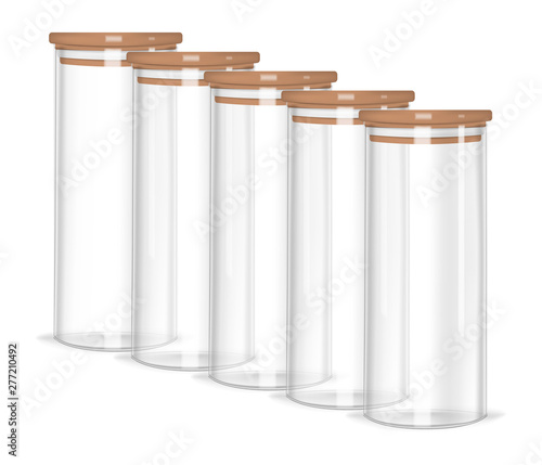 Row of clear tall jars with airtight lids, realistic vector illustration. Glass empty food canister set