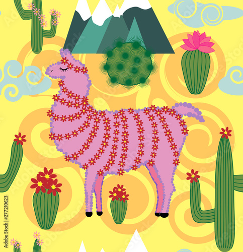 Illustration of seamless pattern with cute cartoon llama alpaca with cactus and design elements on pink background in flat cartoon style.