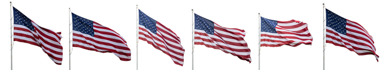 United States flags waving isolated on white background, collage, banner.