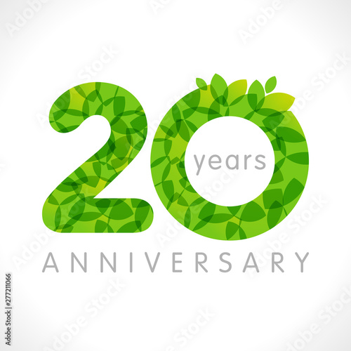 20 th anniversary numbers. 20 years old logotype. Age congrats, congratulation idea with leaves. Isolated abstract graphic design template. Herbal digits, up to 20% percent off discount. Eco label. photo