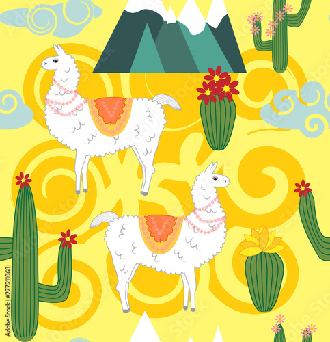 Illustration of seamless pattern with cute cartoon llama alpaca with cactus and design elements on pink background in flat cartoon style.
