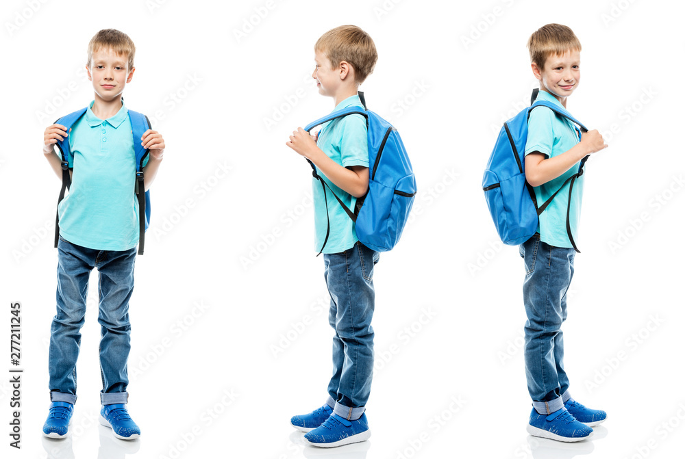 Schoolboy with a backpack on a white background in different poses portrait in a row isolated