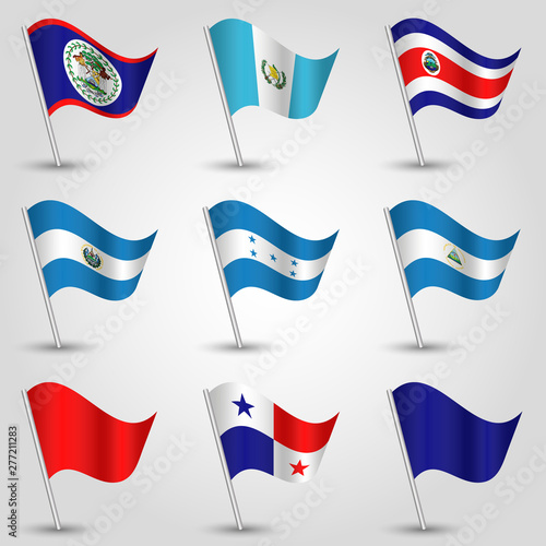 vector set of waving flags central america on silver pole - icon of american states - belize, costa rica, el salvador, guatemala, honduras, nicaragua and panama