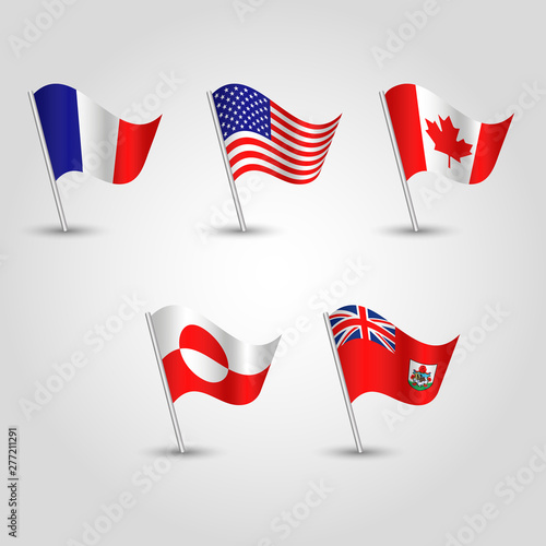vector set of waving flags northern america on silver pole - icon of american states - bermuda, canada, greenland, saint pierre and miquelon and usa