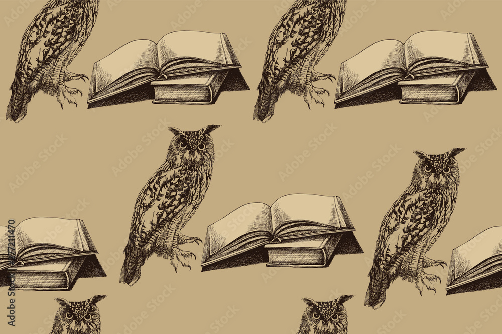 custom made wallpaper toronto digitalBird owl with an opened book, seamless pattern. Hand drawing, vector illustration.