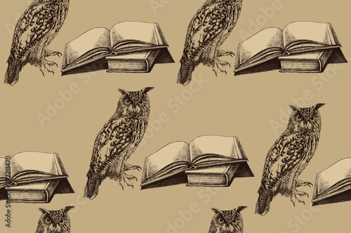 Wallpaper Mural Bird owl with an opened book, seamless pattern. Hand drawing, vector illustration. Torontodigital.ca