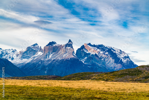 View of the beautiful mountain and large pasture at Torres del Paine National Park