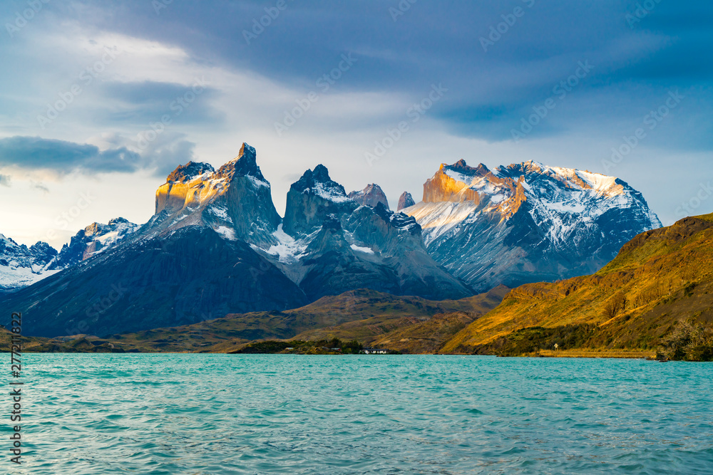 View of beautiful Cuernos del Paine Mountains and Lake Pehoe