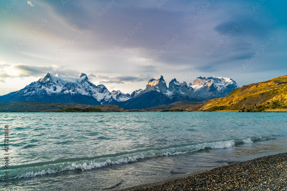 View of Cuernos del Paine mountains and Pehoe Lake in the evening