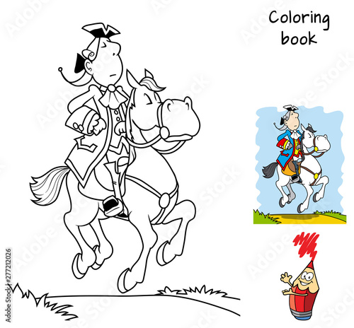 Prince on a white horse. Coloring book. Cartoon vector illustration