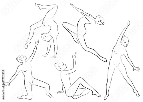 Collection. Silhouette of slender lady. Girl gymnast. The woman is flexible and graceful. She is jumping. Graphic image. Vector illustration set