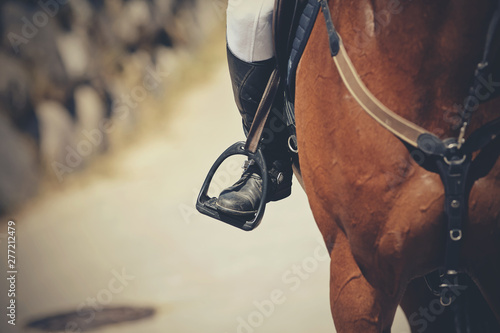 Equestrian sport. The leg of the rider in the stirrup, riding on a red horse.