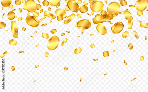 Realistic gold coins explosion isolated on transparent background. Vector illustration
