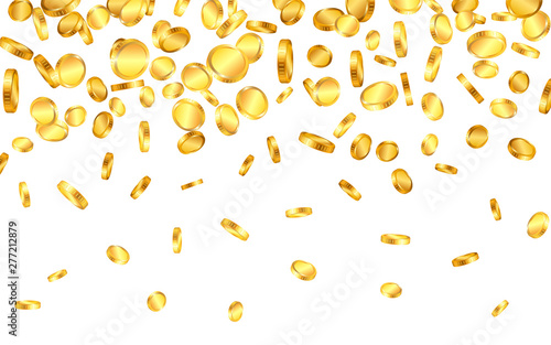 Falling from the top a lot of gold coins on white background. Vector illustration