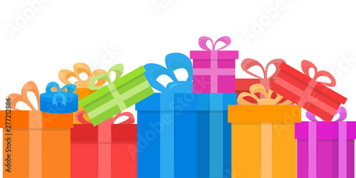 Gift boxes in flat style, a lot of gifts vector illustration isolated on white background