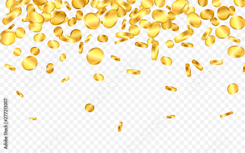 Falling from the top a lot of gold coins on transparent background. Vector illustration