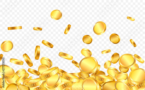 Falling from the top a lot of gold coins on transparent background. Vector illustration