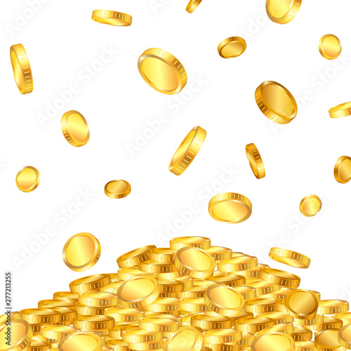 Falling from the top a lot of dollar gold coins on white background. Vector illustration