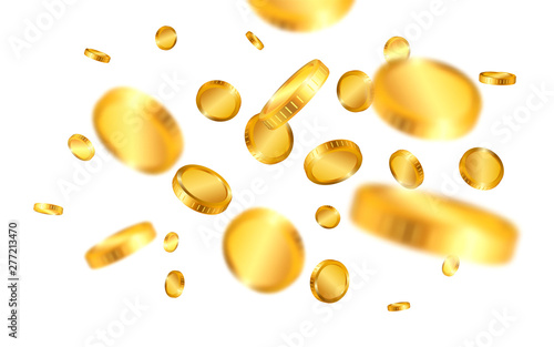 Realistic gold coins explosion isolated on white background. Vector illustration
