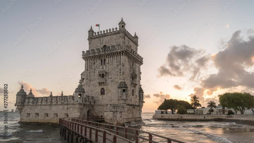 Lisbon Portugal time lapse 4K, city skyline day to night sunset timelapse at Belem Tower Lisbon Portugal time lapse 4K, city skyline day to night sunset timelapse at Belem Tower