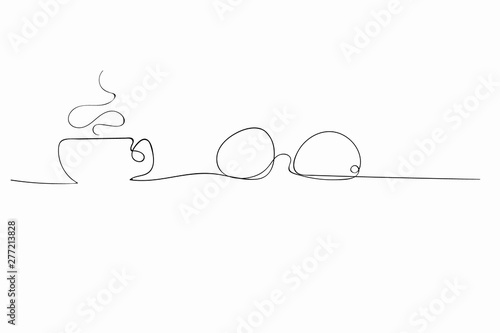 Glasses alongside a hot drink (coffee, tea, cocoa) in one line. Comfort in the style of Hugge from simple lines. Pen.