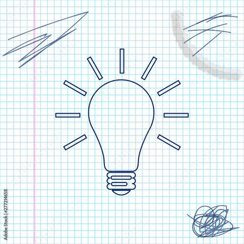 Light bulb with rays shine line sketch icon isolated on white background. Energy and idea symbol. Lamp electric. Vector Illustration