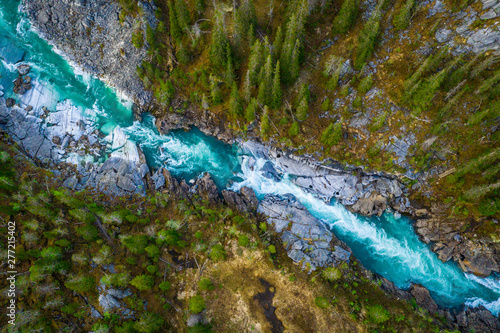 Aerial Vertical View Over The Surface Of A Mountain River Glomaga, Marmorslottet , Mo i Rana