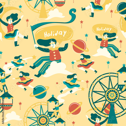 Seamless Pattern : Boy and girl in carnival /amusement park concept with magical elements : Vector Illustration