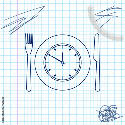 Plate with clock, fork and knife line sketch icon isolated on white background. Lunch time. Eating, nutrition regime, meal time and diet concept. Vector Illustration