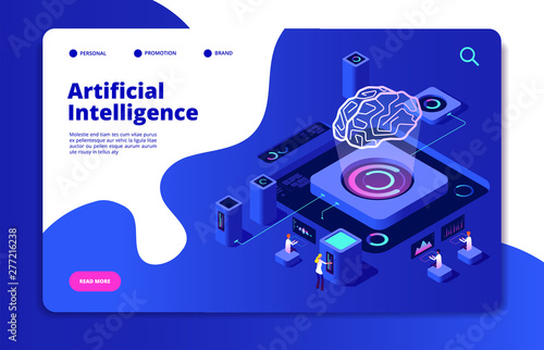 Artificial intelligence concept. Ai smart technology brain networking neural intelligent solutions futuristic landing vector page. Ai intelligence, brain artificial, digital intellect illustration