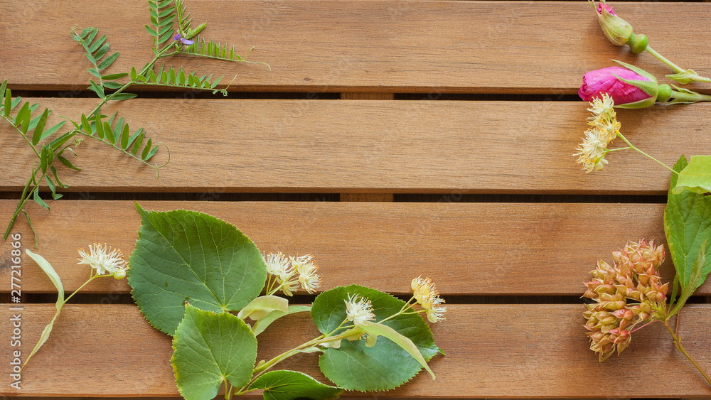 Table made of wooden planks decorated with linden flowers and wild rose buds and mouse peas. background with copy space