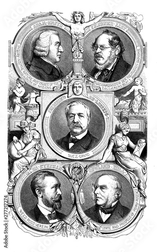 Political economy: the economists Adam Smith and Friedrich List, the postal service reformers Heinrich von Stephan and Sir Rowland Hill and the developer of the Suez Canal Ferdinand de Lesseps photo