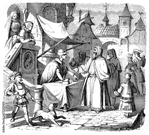 Medieval city scene, a jude merchant traveler at the money exchange stall