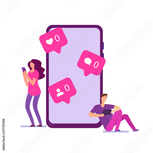Modern loneliness vector concept. Boy and girl have no messages, no likes in social networks. Illustration of no like in network, social man and woman