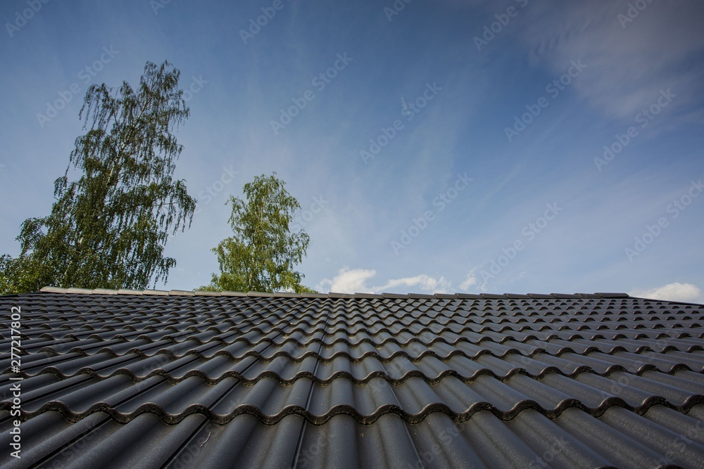 Beautiful view of dark gray tiled roof on tops of green trees and blue sky background. Beautiful backgrounds.