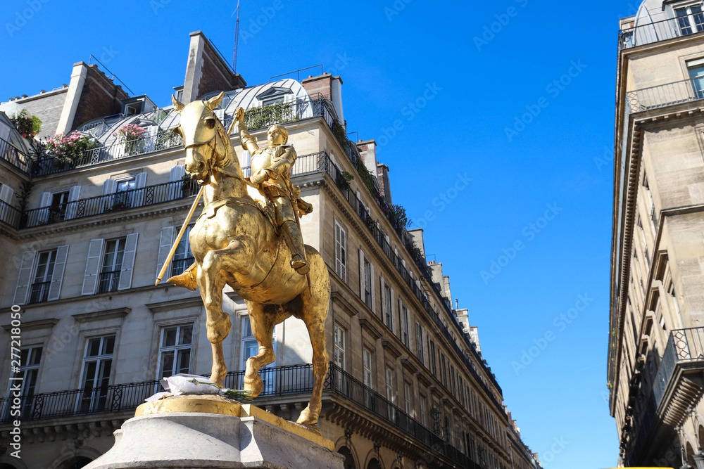 Gilded bronze equestrian statue 1874, depicting Saint Jeanne d Arc Joan of Arc . Place des Pyramides, Paris.