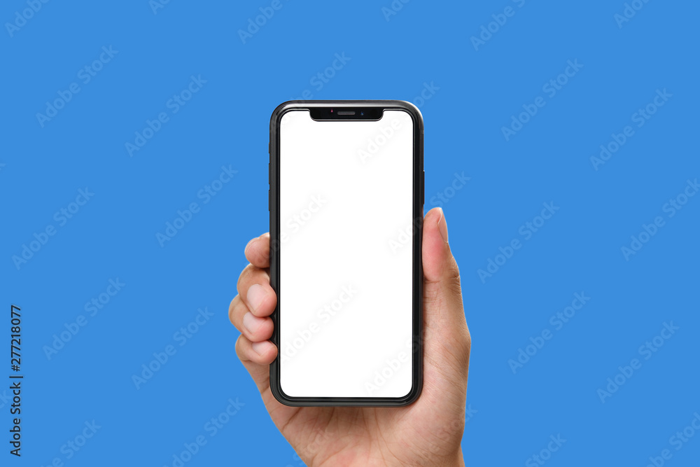Hand holding the black smartphone with blank screen and modern frame less  design on blue colour background Stock Photo | Adobe Stock