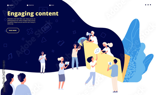 Content marketing. Blog writing, promotional article text creating strategy. Ad copywriter service landing page vector design. Illustration of engaging content video and audio file